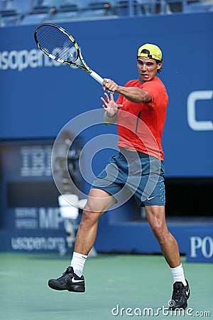 Twelve times Grand Slam champion Rafael Nadal practices for US Open 2013 at Arthur Ashe Stadium