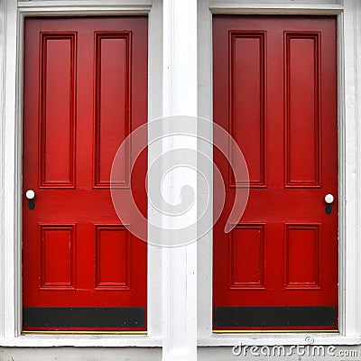 Twin Red Wood Panel Entry Door on Historic Home