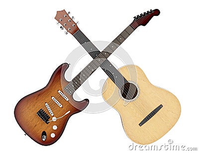 Two acoustic and electric guitars isolated on white background.