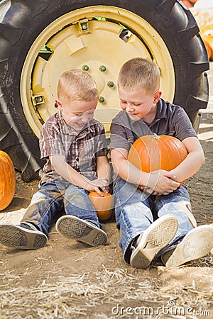 Two Boys Holding Pumpkins Talking and Sitting Against Tractor Ti