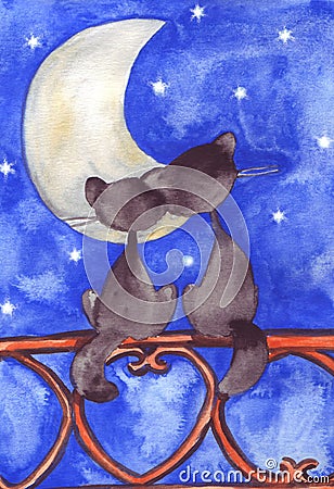 Two cats in love before the moon and stars