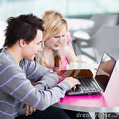 Two college students having fun studying together