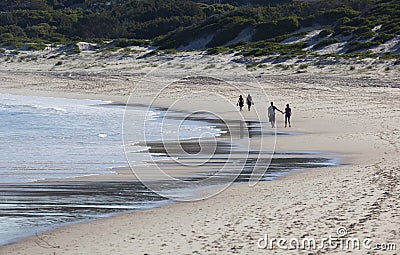 Two couples walk on a beach. Fingal Bay. Australi