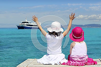 Two girls tourist turquoise sea goodbye