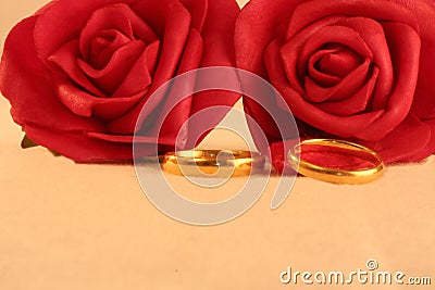 Two gold wedding bands and red roses