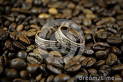 Two gold wedding rings in coffee beans