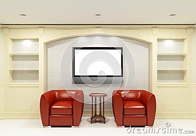 Two red chairs with table with LCD tv