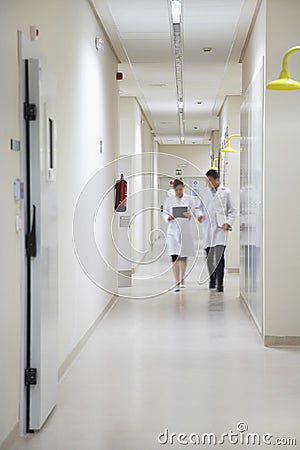 Two Scientists Walking Down Hallway