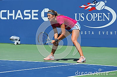 Two times Grand Slam champion Victoria Azarenka practices for US Open 2013 at Arthur Ashe Stadium at National Tennis Center