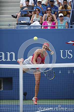 Two times Grand Slam champion Victoria Azarenka serving during quarterfinal match against Ana Ivanovich at US Open 2013