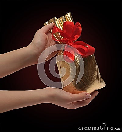 Two women s hands are holding a bag of gifts