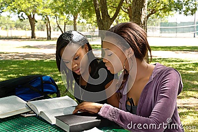 Two young students study at the park