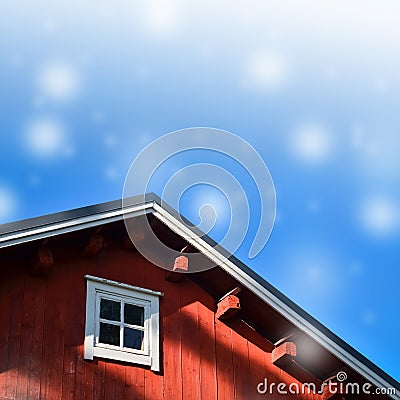 Typical norwegian red fishing hut with roof background