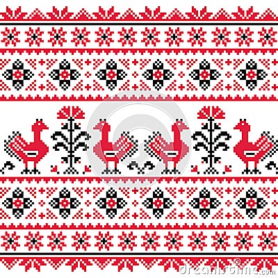 Ukrainian Slavic folk knitted red emboidery pattern with birds