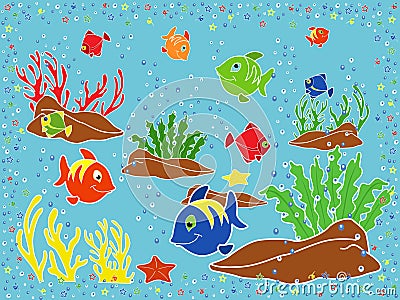 ... starfish and seaweed on the seabed. Hand drawing vector illustration