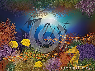 Underwater wallpaper with ship and fishes