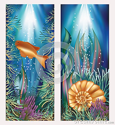 Underwater world two banners with golden fish and