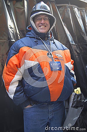 Unidentified Denver Broncos fan on Broadway during Super Bowl XLVIII week in Manhattan