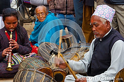 Unidentified musicians performing live music in Bhaktapur, Nepal