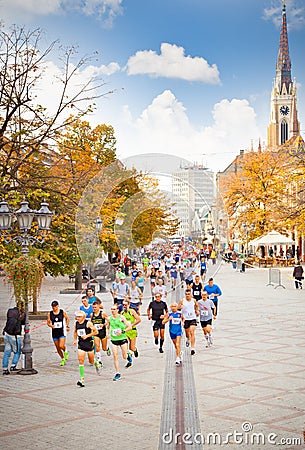 Unidentified runners on the street in Novi Sad, Serbia