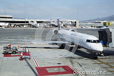 United Express Canadair CRJ-700 plane at the gate in San Francisco International Airport