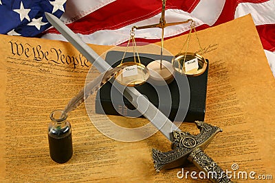 United States Constitution, quill pen, Bible, scales weighing mercy and wrath, and Flag