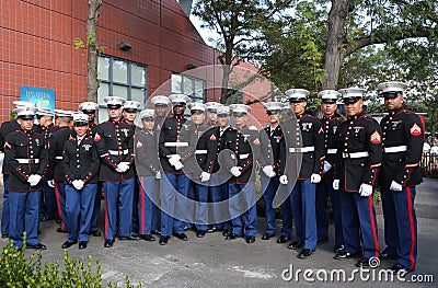 United States Marines at Billie Jean King National Tennis Center before unfurling the American flag prior US Open 2014 women final