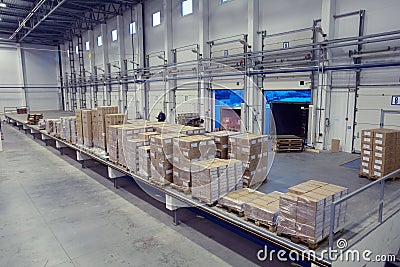 Unloading system, inside warehouse doors loading dock.