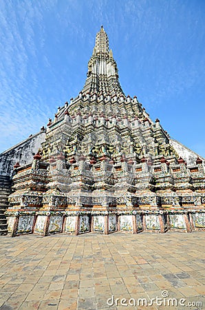 Unusual perspective of Wat Arun on the background of blue sky