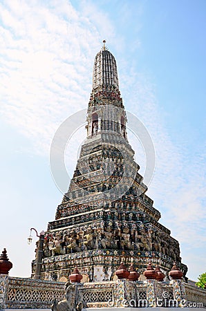 Unusual perspective of Wat Arun on the background of blue sky