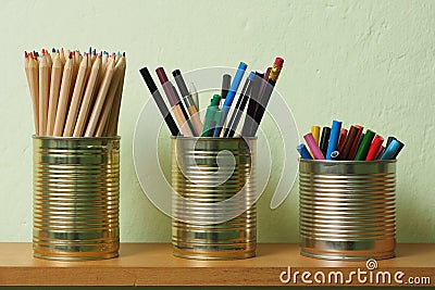 Upcycling, Writing Accessories In Tin Can Stock Photo 