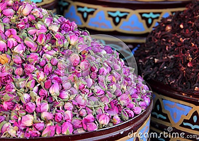 Urns of dried roses. Marrakesh, Morocco.