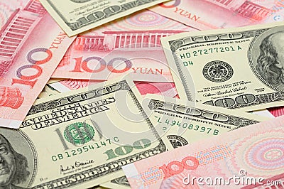 US dollar and China yuan closeup