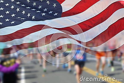 US Flag and Marathon Runners