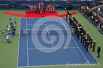 US Marine Corps unfurling American Flag during the opening ceremony of the US Open 2014 men final