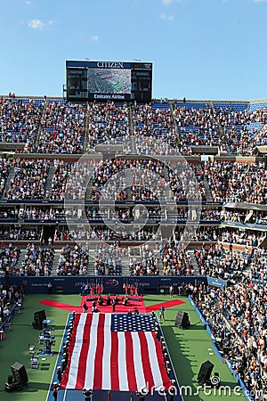 US Marine Corps unfurling American Flag during the opening ceremony of the US Open 2014 women final