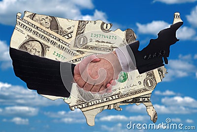 USA map outline with handshake and money