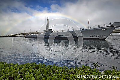 USS Bowfin Submarine with rainbow, Pearl Harbor, Hawaii