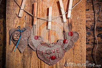 Valentine background hand-sewn heart wood wooden