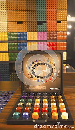 Variety of coffee capsules in Nespresso store