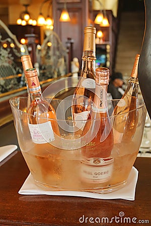 Variety of rose wines and champagne on display in french restaurant in Manhattan