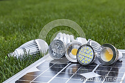 Various LED lamps on photovoltaic cells and CFL in