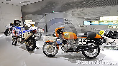 Various models of BMW motorbikes on display in BMW Museum