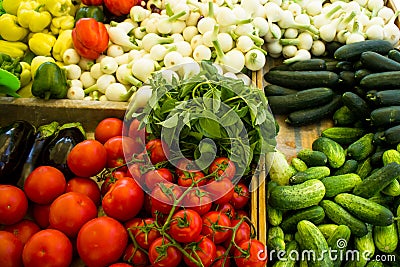 Various vegetables in boxes at market