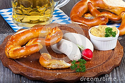 Veal sausage, Pretzels and Beer