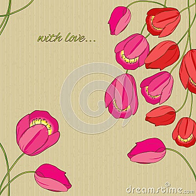 Vector background with red and pink tulips