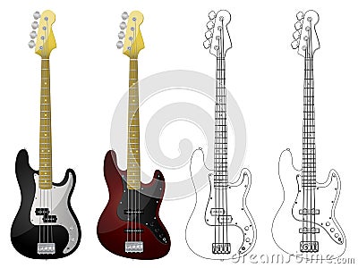 Vector isolated image of bass guitars on white background.