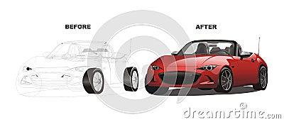 Vector of before after red sport car drawing