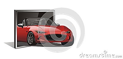 Vector of red sport car out from tv