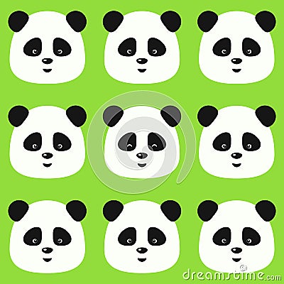 Vector seamless flat panda pattern on green background